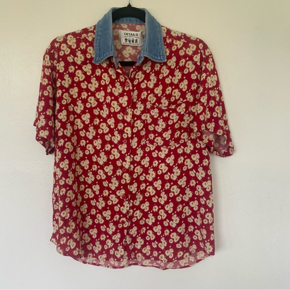 Vintage 90s Button Up Floral With Denim Collar Details Sportswear Size Small - Picture 3 of 5